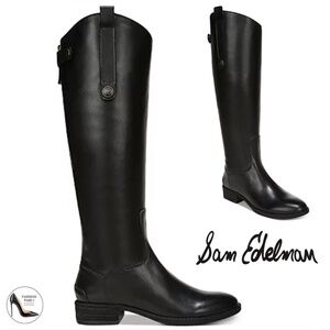 Sam Edelman Penny Knee-High Black Leather Riding Boots Block Heel Almond Toe